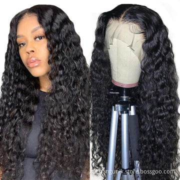Uniky  best selling Water Wave deep curly T Part Lace Wig indian Lace Part Remy Human Hair Wigs For Black Women